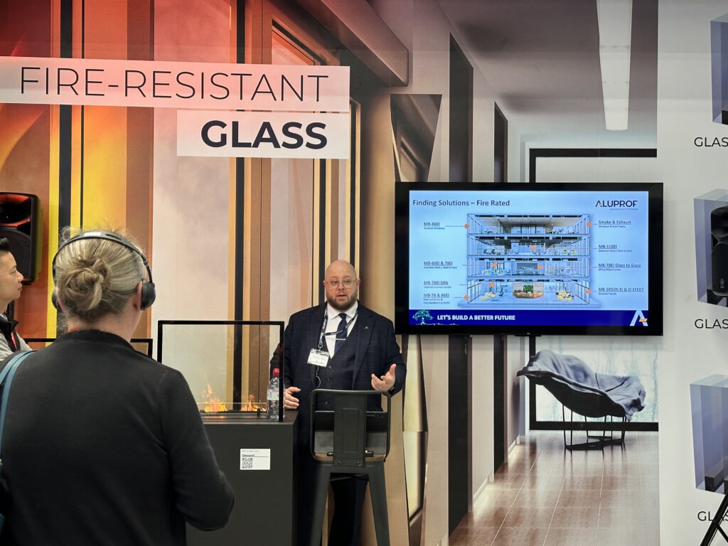 Aluprof fire-resistant glazing installed by Advanced Glass for façade fire safety compliance.